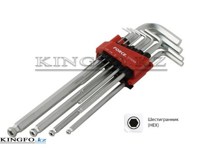 FORCE Набор Г-образных дюймовых шестигранников 1/16"-3/8", с шаровым окончанием, 9 пр,